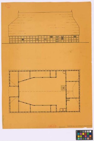 Harrienstedt ([Landkreis Stolzenau]): Bauernhaus. Bauernhaus (Seiten-Ansicht, Grundriss)