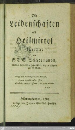 Die Leidenschaften als Heilmittel betrachtet