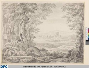 Italienische Landschaft mit rundem Turm