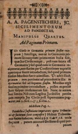 Alexandri Arnoldi Pagenstecheri ... Sicilimentorum Ad Compendium Iuris Ad Digesta LauterBachianum Manipulus Quartus