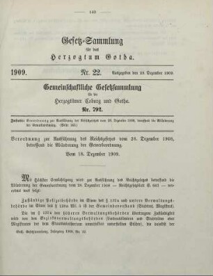 22. Verordnung zur Ausführung des Reichsgesetzes vom 28. Dezember 1908, betreffend die Abänderung der Gewerbeordnung. Vom 18. Dezember 1909