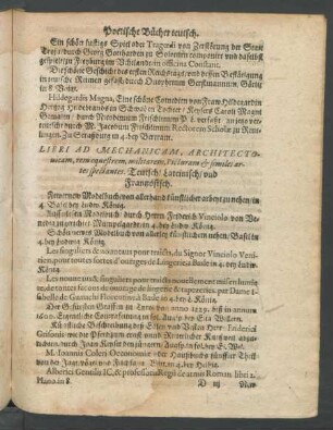 Libri Ad Mechanicam, Architectonicam, rem equestrem, militarem, Picturam & similes artes spectantes. Teutsch/ Lateinisch/ und Frantzösisch.