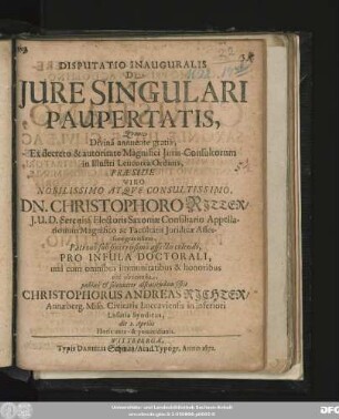 Disputatio Inauguralis De Iure Singulari Paupertatis