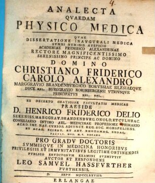 Analecta Qvaedam [quaedam] Physico-Medica