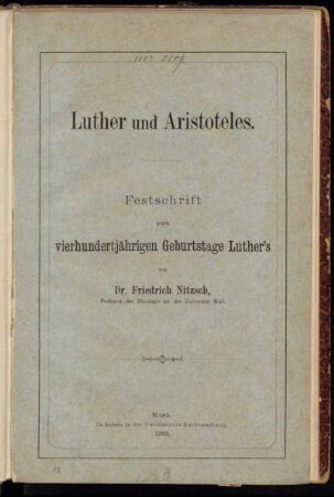 Luther und Aristoteles : Festschrift zum vierhundertjährigen Geburtstage Luther's