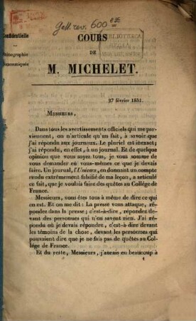 Cours de M. Jules Michelet : 27 février 1851. 6 mars 1851