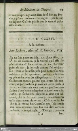 Lettre CCXXVI. A la même. Aux Rochers, Mécredi 16. Octobre, 1675