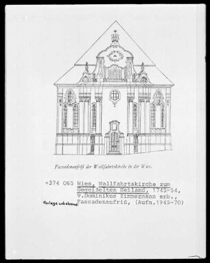 Wies, Wallfahrtskirche zu Gegeißelten Heiland (1745-1754, Dominikus Zimmermann), Aufriß Fassade