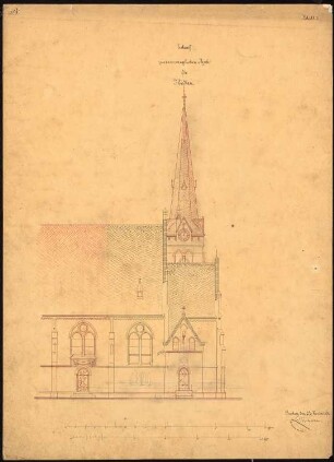 Evangelische Kirche, Modlau Wiederaufbau. 1. Projekt: Aufriss Nordseite, Turm, Maßstabsleisten (Meter und Fuß)