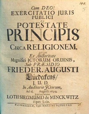Exercitatio Iuris Publici De Potestate Principis Circa Religionem