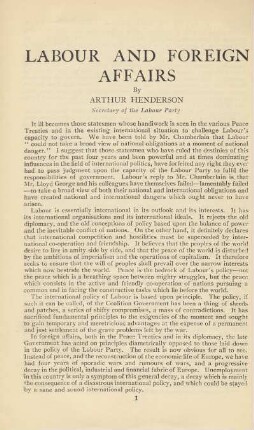 Labour And Foreign Affairs By Arthur Henderson Secretary of the Labour Party