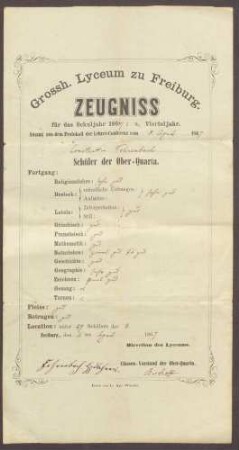 Zeugnis von Constantin Fehrenbach für das 2. Vierteljahr 1866/67