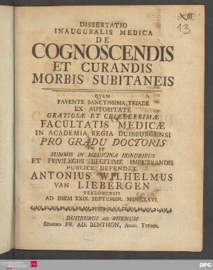 Dissertatio Inauguralis Medica De Cognoscendis Et Curandis Morbis Subitaneis