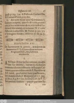 Disputatio XXI. De Sacramentis in genere , & in specie de Sacramentis V. T. Circumcisione nimitum & agno paschali , déq[ue] Leviticis ceremoniis.