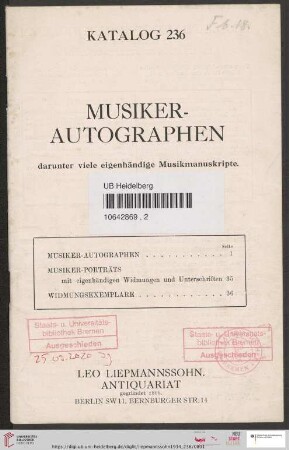 Nr. 236: Katalog: Musiker-Autographen
