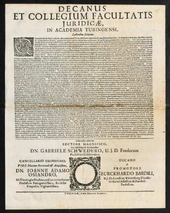 Decanus Et Collegium Facultatis Juridicae, In Academia Tubingensi, Lectoribus Salutem