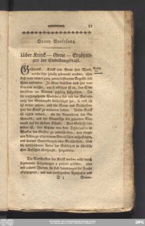 Dritte Vorlesung. Uiber Kritik - Genie - Ergötzungen der Einbildungskraft.