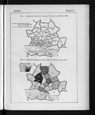Tafel I. 1909. Fig. 1. Städtische Bezirke und deren Einwohnerzahl Mitte 1909.