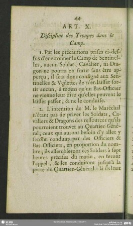 Art. X. Discipline des Troupes dans le Camp