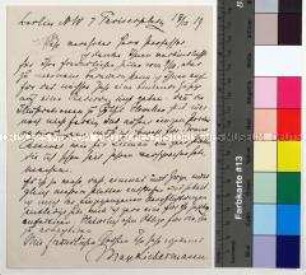 Eigenhändiger Brief von Max Liebermann an Hans W. Singer in Dresden, teilt ihm mit, dass er keine Druckplatte anfertigen kann; Berlin, 24. Jan. 1919