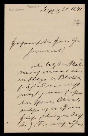 87: Brief von Rudolph Sohm an Gottlieb Planck, Leipzig, 30.12.1891