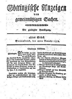 48tes Stück. Sonabend, den 28ten November 1778.