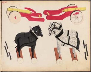 J. D. Oehme, Grünhainichen : Spielzeugmusterbuch, 82 Tafeln (rechtsseitig, Rückseiten ausnahmslos leer), die Tafelnummerierung (rot, oben links, teilweise abgeschnitten/nicht identifizierbar) und Seitenzählung (Bleistift, oben rechts) stimmt nicht durchgehend überein; handkolorierte Zeichnungen, teilweise mit Papier beklebt (bedruckte Zettel, aber auch Originalpapier, mit dem die abgebildeten Objekte beklebt wurden). Gesamtseiten: 184; davon Leerseiten und leere Rückseiten: 86