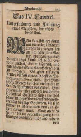 Das IV. Capittel. Untersuchung und Prüffung eines Menschen/ der nichts böses thut