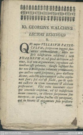 Jo. Georgius Walchius Lectori Benevolo S.