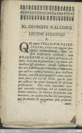 Jo. Georgius Walchius Lectori Benevolo S.
