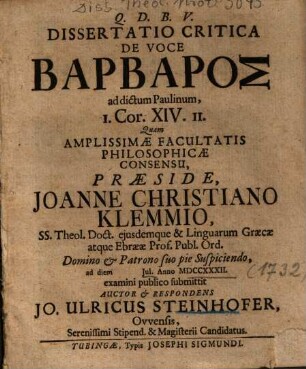 Dissertatio Critica De Voce Barbaros ad dictum Paulinum, I. Cor. XIV. II.