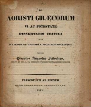 De aoristi Graecorum vi ac potestate : Dissertatio critica