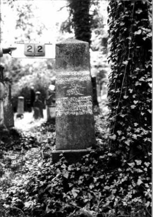 Grabstein 22 (Index: 100109238) Material: Obelisk rosa Marmor, Sockel (?), eingelegte Bleibuchstaben Zustand: verwittert Maße HxBxT: 128x31x15 cm Beschreibung: Obelisk, Sockel Steinmetz: Beerli Besonderheit: Nummer auf Rückseite: 106: Grabstein 22