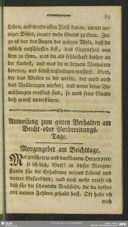 Anweisung zum guten Verhalten am Beicht- oder Vorbereitungs-Tage