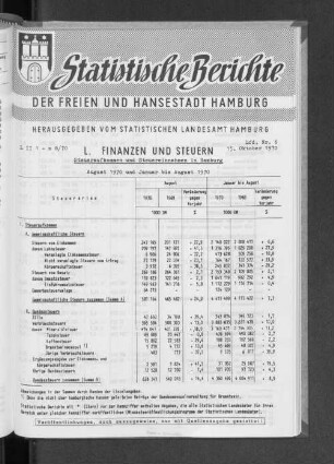 Das kassenmäßige Steueraufkommen in Hamburg August 1970 und Januar bis August 1970 : Lfd. Nr. 6
