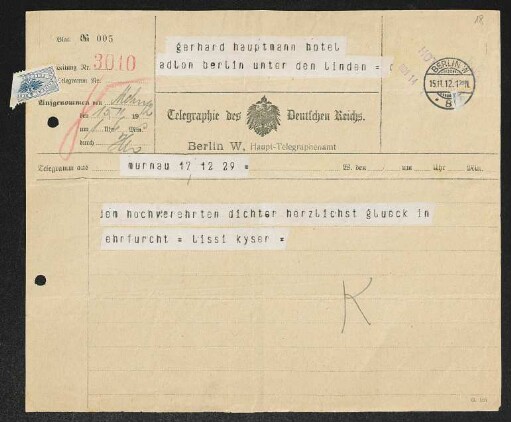 Brief von Lissi Kyser an Gerhart Hauptmann