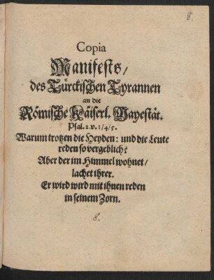 Copia Manifests/ des Türckischen Tyrannen an die Römische Käiserl. Mayestät