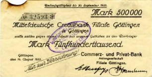 Commerz- und Privat-Bank Filiale Göttingen: 500.000 Mark 1923