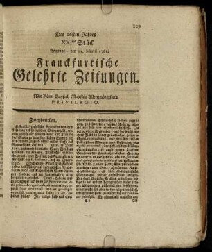XXItes Stück Freytags, den 13. Martii 1761. - XXXtes Stück Freytags, den 17. April. 1761.
