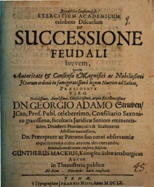 Exercitium acad. exhibens discursum de successione feudali brevem
