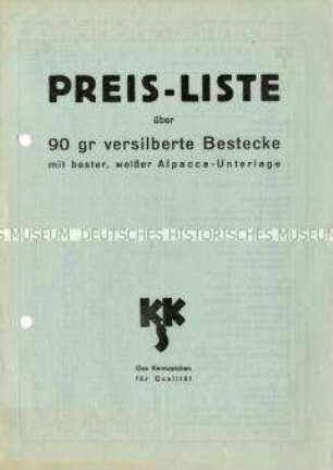 Preisliste über versilberte Bestecke bester Qualität