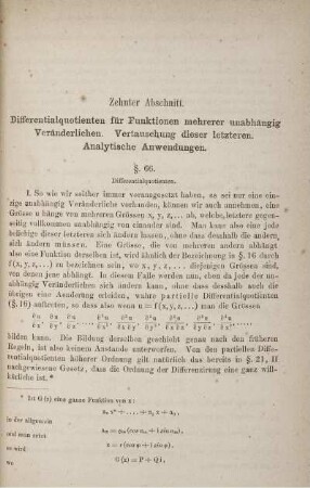 Zehnter Abschnitt. Differentialquotienten für Funktionen mehrerer unabhängig Veränderlichen. Vertauschung dieser letzeren. Analytische Anwendung.