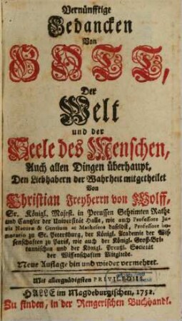 Vernünfftige Gedancken Von Gott, Der Welt und der Seele des Menschen, Auch allen Dingen überhaupt