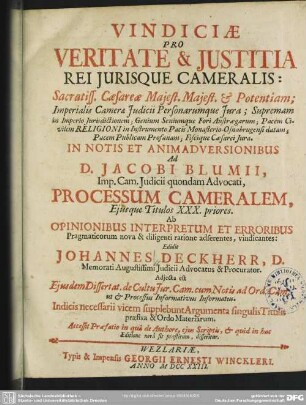Vindiciae Pro Veritate & Iustitia Rei Iurisque Cameralis