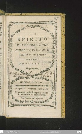 Lo spirito di contradizione : commedia in un atto
