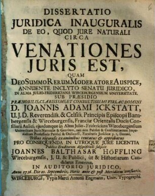 Dissertatio Juridica Inauguralis De Eo, Quod Jure Naturali Circa Venationes Juris Est