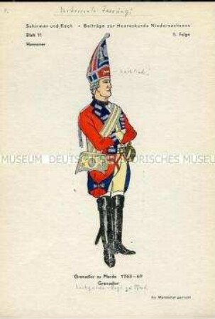 Uniformdarstellung, Grenadier des Leibgarde-Regiments zu Pferde, Kurfürstentum Hannover, 1763/1769.