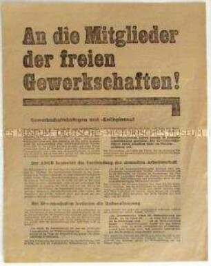 Flugblatt der Revolutionären Gewerkschafts-Opposition gegen den Allgemeinen Deutschen Gewerkschaftsbund und Aufruf zur Wahl der KPD in den Reichstag