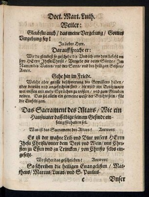 Das Sacrament des Altars/ Wie ein Haußvater dasselbige seinem Gesinde einfeltig fürhalten sol.