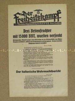 Nachrichtenblatt der Tageszeitung der NSDAP Sachsen "Der Freiheitskampf" über deutschen Bombenangriff in Wales